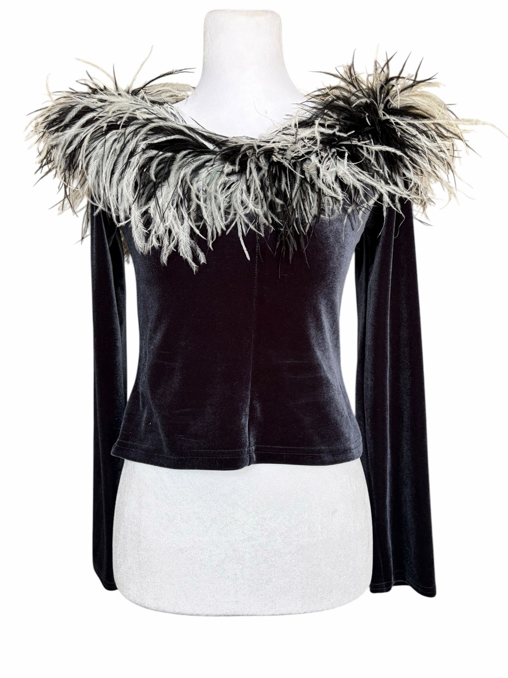 Vintage 1990s Black Velvet Ostrich Feather Top - Whimsigoth